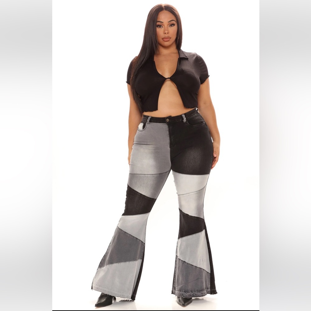 Fashion Nova Fixed You Up Patchwork Flare Jeans Black/Combo (size 16)